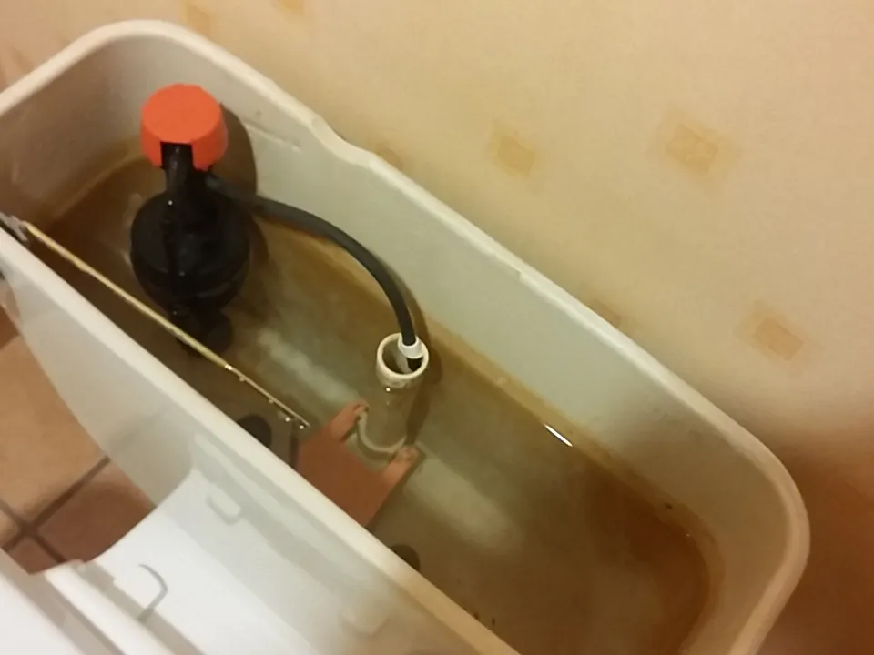An older toilet tank with the lid off, showing a black flapper, a red-topped fill valve and mineral staining